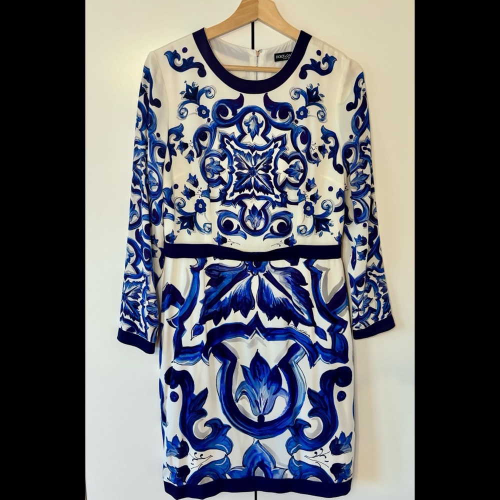 Dolce & Gabbana Blue and White Silk Majolica Print Long Sleeve Dress IT 46
